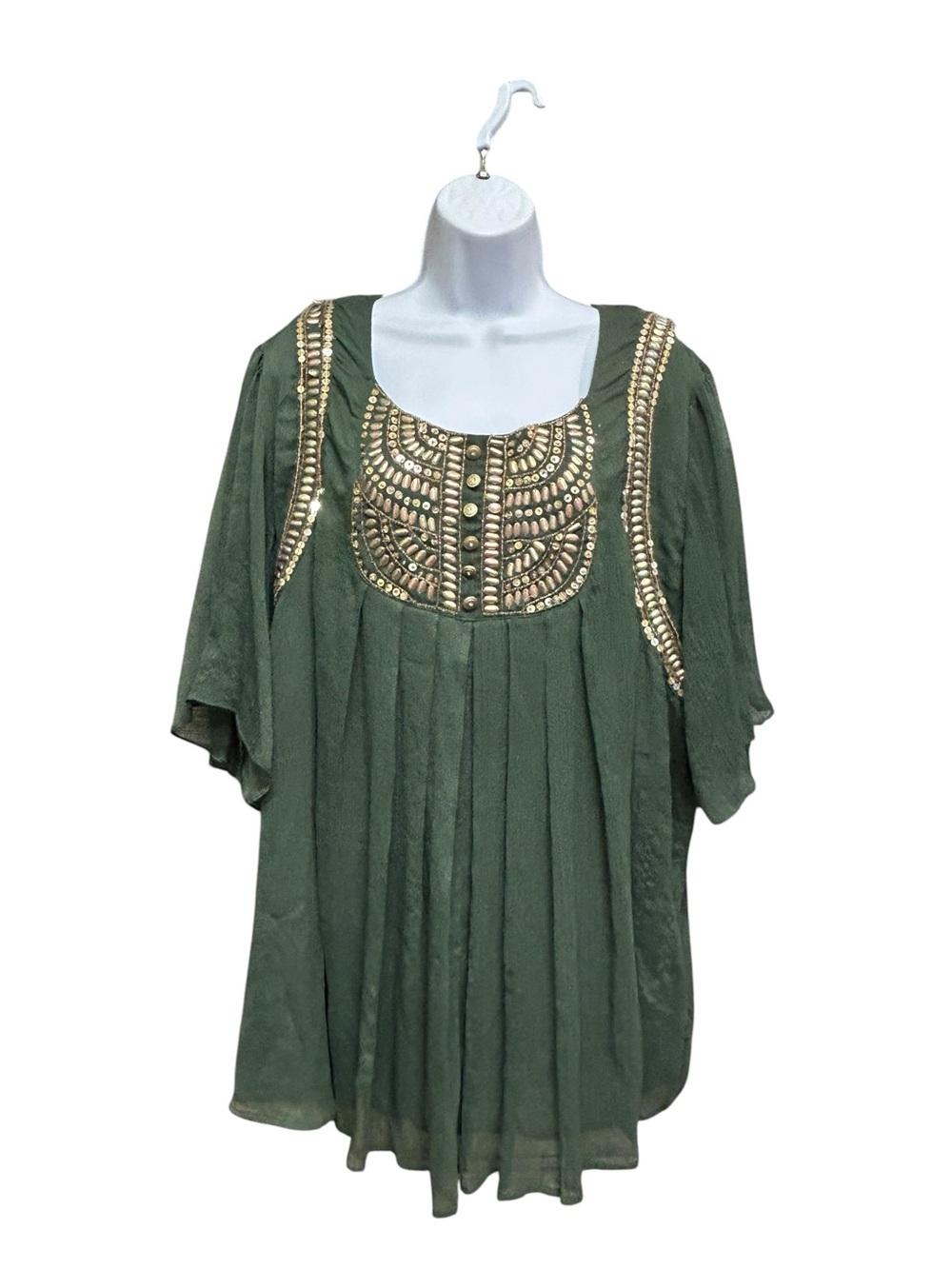 Denim 24/7 Plus Size 26W Olive Green Blouse, Heavily Embellished  Boho Top